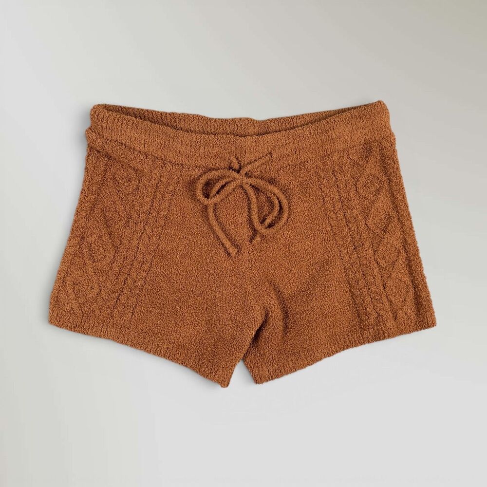 POL Women's Cozy Drawstring Waist Cable Knit Fuzzy Shorts Brown Size Med